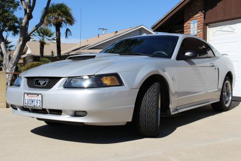 2002 Ford Mustang - A silver 2002 Ford Mustang GT is seen from a 3/4 front angle, parked in a driveway with a garage in the background.
