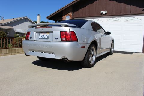 2002 Ford Mustang - Rear view of a silver Ford Mustang parked in front of a white garage door.