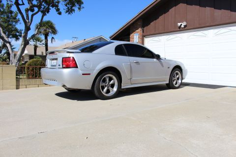 2002 Ford Mustang - A silver 2002 Ford Mustang is parked in front of a residential garage on a sunny day.