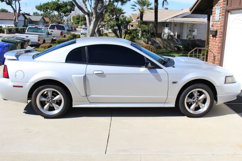2002 Ford Mustang - Side profile of a silver 2002 Ford Mustang coupe parked on a driveway.