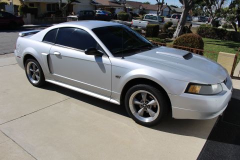 2002 Ford Mustang - This silver 2002 Ford Mustang GT coupe features a distinctive hood scoop and is parked on a driveway.