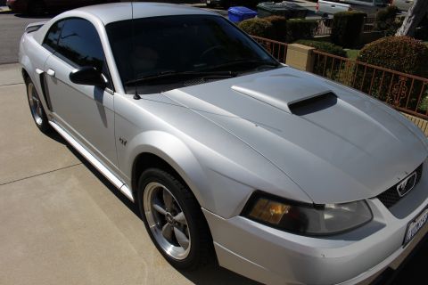 2002 Ford Mustang - A silver 2002 Ford Mustang GT coupe is shown from a 3/4 front angle, parked on a concrete driveway.