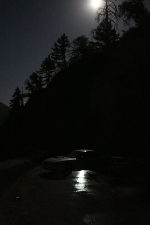 2002 Ford Mustang - A car is parked on a wet road at night, illuminated by the moon and its headlights.