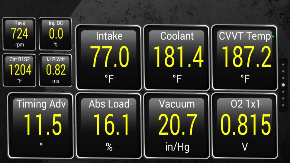 Digital dashboard gauges showing RPM, intake temperature, coolant temperature, and other engine data