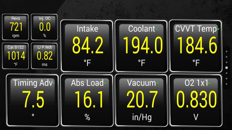 Digital dashboard with readings for Revs, Intake, Coolant, CVVT Temp, Cat B1S2, IJ P.Wdt, Abs Load, Vacuum, and O2 1x1