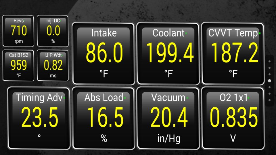 Digital dashboard showing engine data: RPMs, intake temp, coolant temp, CVVT temp, timing advance, load, vacuum, and O2 sensor readings