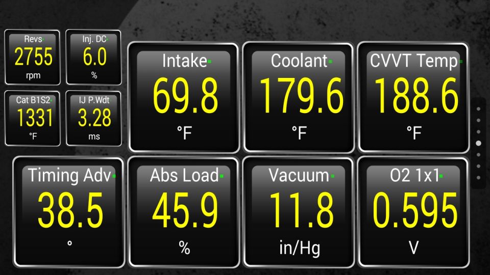 Digital dashboard shows engine data like RPM, intake temp, coolant temp, and O2 sensor readings