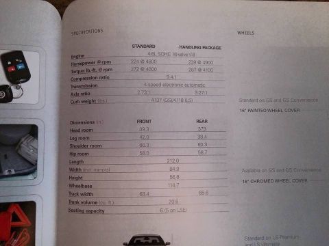 2000 Mercury Grand Marquis - Vehicle specifications document detailing engine, dimensions, and handling package information.