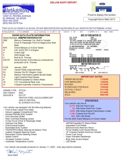 2000 Mercury Grand Marquis - This Marti Auto Works report details the production information for a 2005 Mercury Grand Marquis LS, including its features and build date.