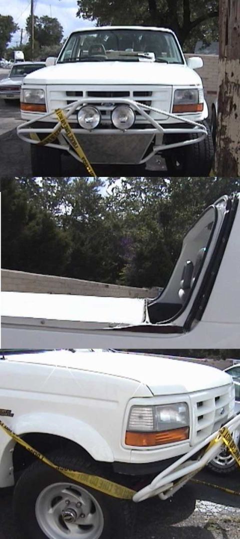 1995 Ford Bronco - Three-panel collage of a white Ford full-size truck/SUV with a tubular front push bar carrying two round driving lights and a diamond-plate…