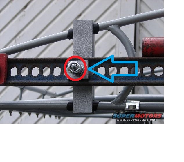 Bolt on metal rack, highlighted with red circle and blue arrow