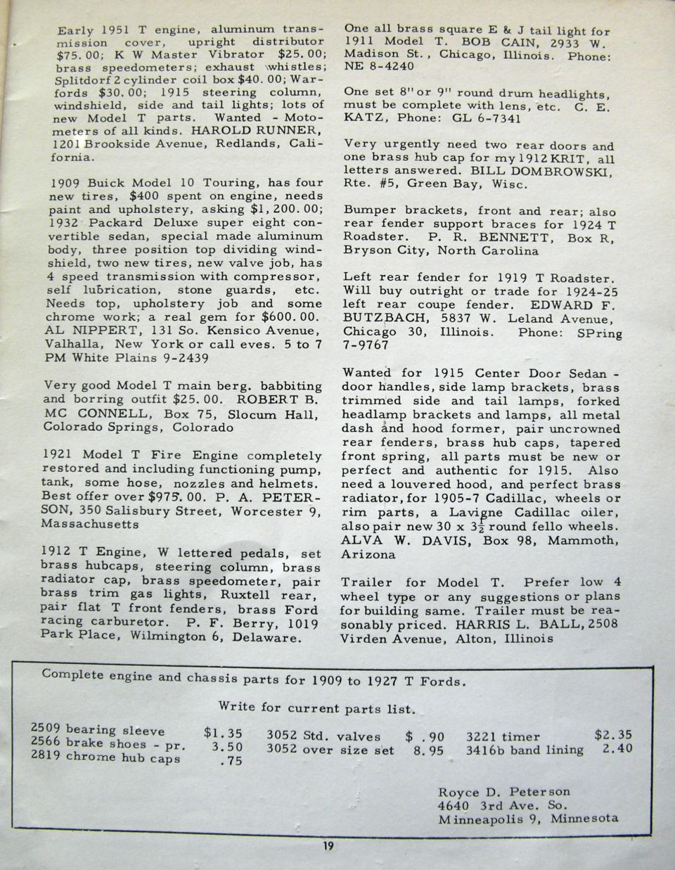 Scanned page of classified ads for vintage Ford Model T parts and vehicles.