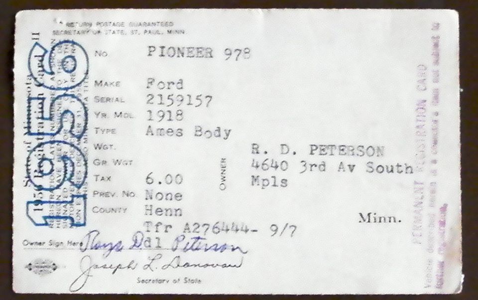 1918 Ford registration card with owner R. D. Peterson