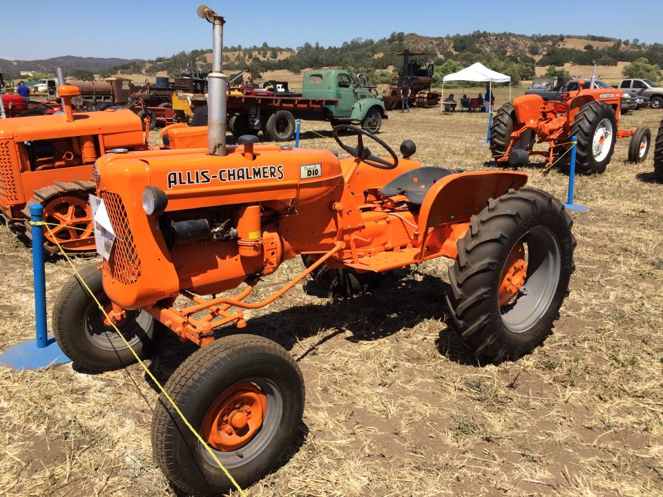Orange Allis-Chalmers D10 tractor in a field with other vintage vehicles.