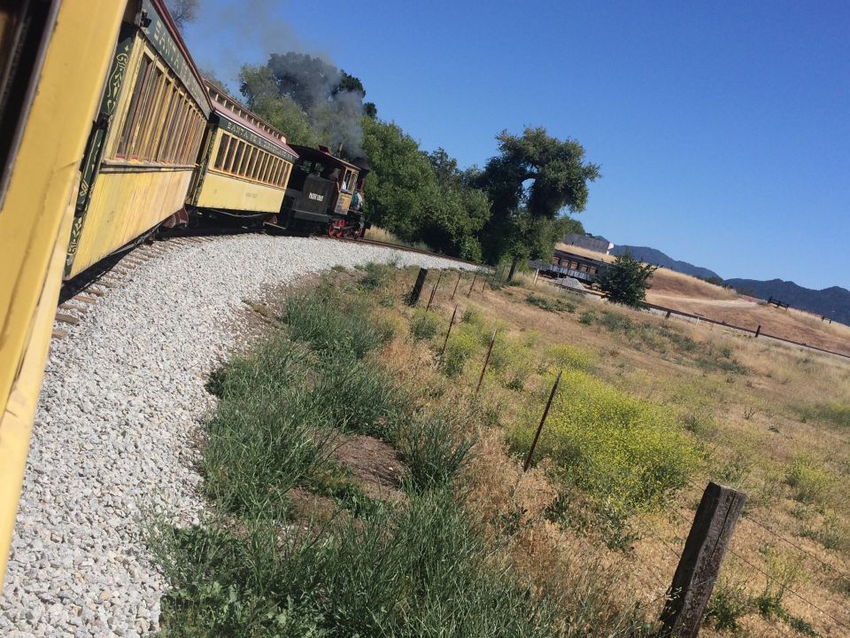 Yellow train with black steam locomotive on a curved track in a grassy landscape.