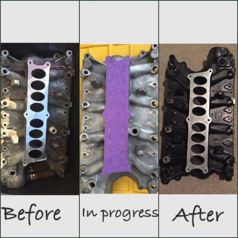1996 Ford Bronco - This is a three-panel image showing the before, in progress, and after stages of painting an engine intake manifold. The 'before' panel sho…
