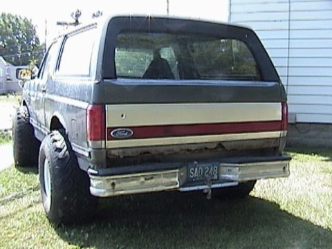 1995 Ford Bronco - Rear view of a gray two-tone full-size Ford Bronco parked on grass beside a white sided building, with a tan and maroon tailgate stripe, Fo…