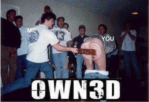 1988 Ford Bronco - A humorous scene of friends gathered, with one person playfully about to spank another with a paddle, accompanied by the text 'OWN3D'.