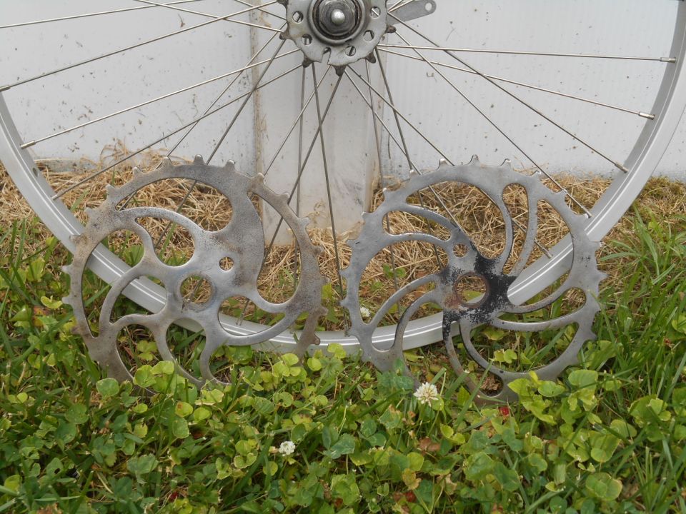 bicycle wheel with two sprockets in front of a white wall and grass