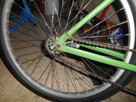 Green bicycle rear wheel with chain and spokes