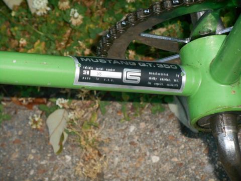 Green bicycle frame with Mustang GT 350 Shelby America label