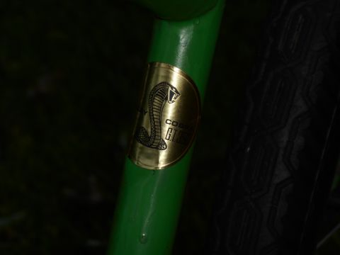 Gold Cobra GT 350 decal on a green bicycle frame, with a black tire visible.