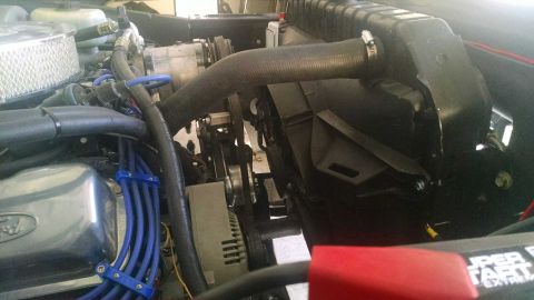 1979 Ford Bronco - Close-up view of the engine bay of a Ford vehicle, showing the radiator, fan, alternator, and spark plug wires.