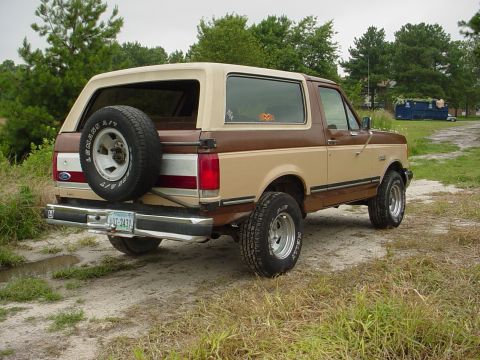 1987 Ford Bronco - This 1987 Ford Bronco is shown from the rear, a two-tone brown and tan paint scheme and a spare tire mounted on the tailgate.