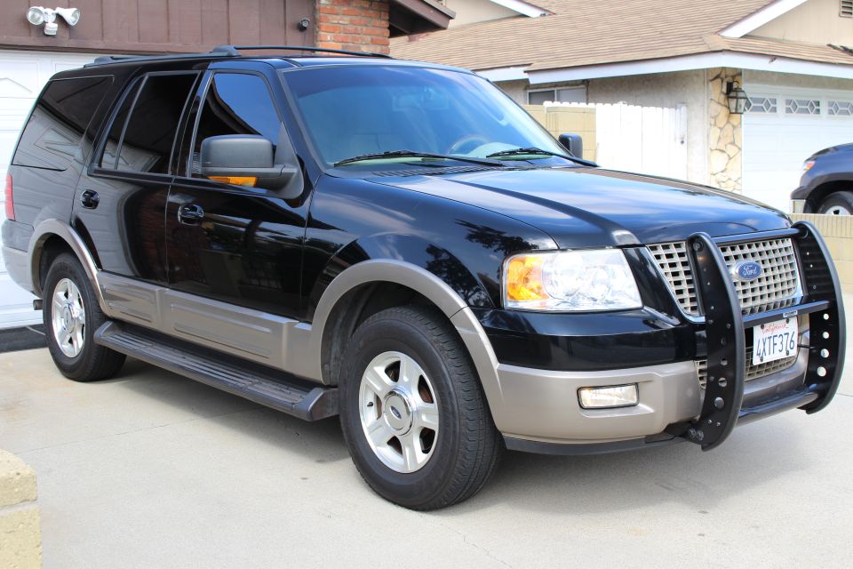 Black 2003 Ford Expedition SUV with bull bar and tan trim.
