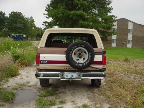 1987 Ford Bronco - Rear view of a 1987 Ford Bronco, showing the spare tire and license plate.