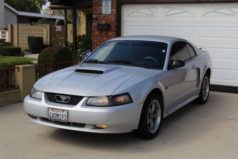 2002 Ford Mustang - A silver 2002 Ford Mustang GT is parked in a driveway in front of a white garage door. The front of the car faces the viewer at a three-qua…