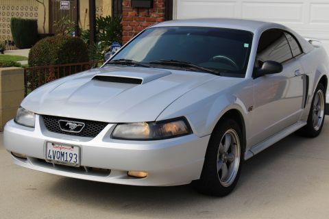 2002 Ford Mustang - A silver 2002 Ford Mustang GT is parked in a driveway in front of a garage. The car features a hood scoop, a honeycomb grille with a runnin…