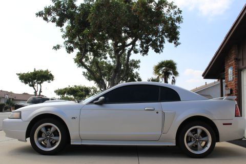 2002 Ford Mustang - Side view of a silver Ford Mustang coupe parked outdoors with a large tree and residential buildings in the background.