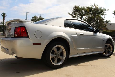 2002 Ford Mustang - The rear passenger side of a silver Ford Mustang coupe is shown parked on a concrete driveway with trees and a palm tree in the background.