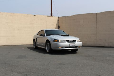 2002 Ford Mustang - Silver 2002 Ford Mustang coupe with a hood scoop and a license plate visible.