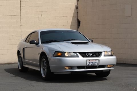 2002 Ford Mustang - Front view of a silver 2002 Ford Mustang coupe with a scoop on the hood.