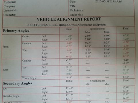 1988 Ford Bronco - This is a vehicle alignment report for a 1989 Ford Bronco, detailing primary and secondary angles.