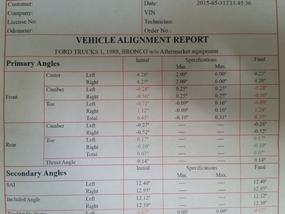 Vehicle alignment report for 1989 Ford Bronco
