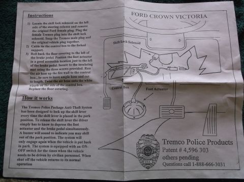 1999 Mercury Grand Marquis - This is a document with installation instructions and a diagram for a Tremco Police Package Anti-Theft System for a Ford Crown Victoria.