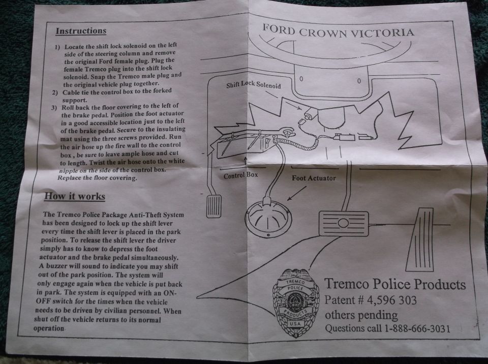 Document with instructions and diagram for Tremco Police Package Anti-Theft System.