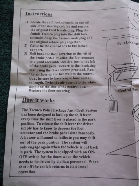 1999 Mercury Grand Marquis - This is a close-up of a document detailing installation instructions and how a Tremco Police Package Anti-Theft System works. The document…