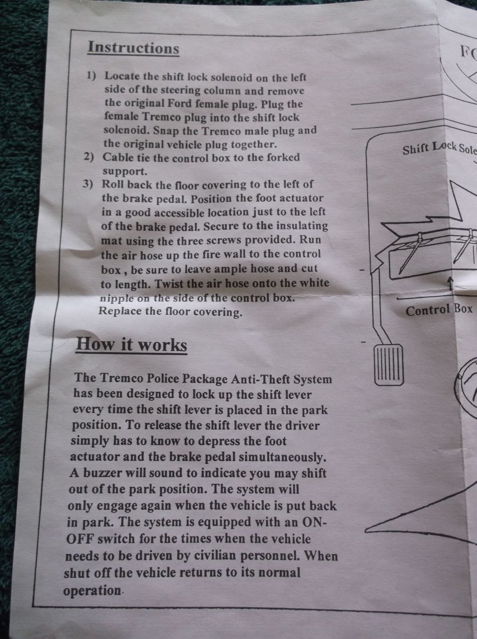 Tremco Police Package Anti-Theft System installation instructions and how it works text