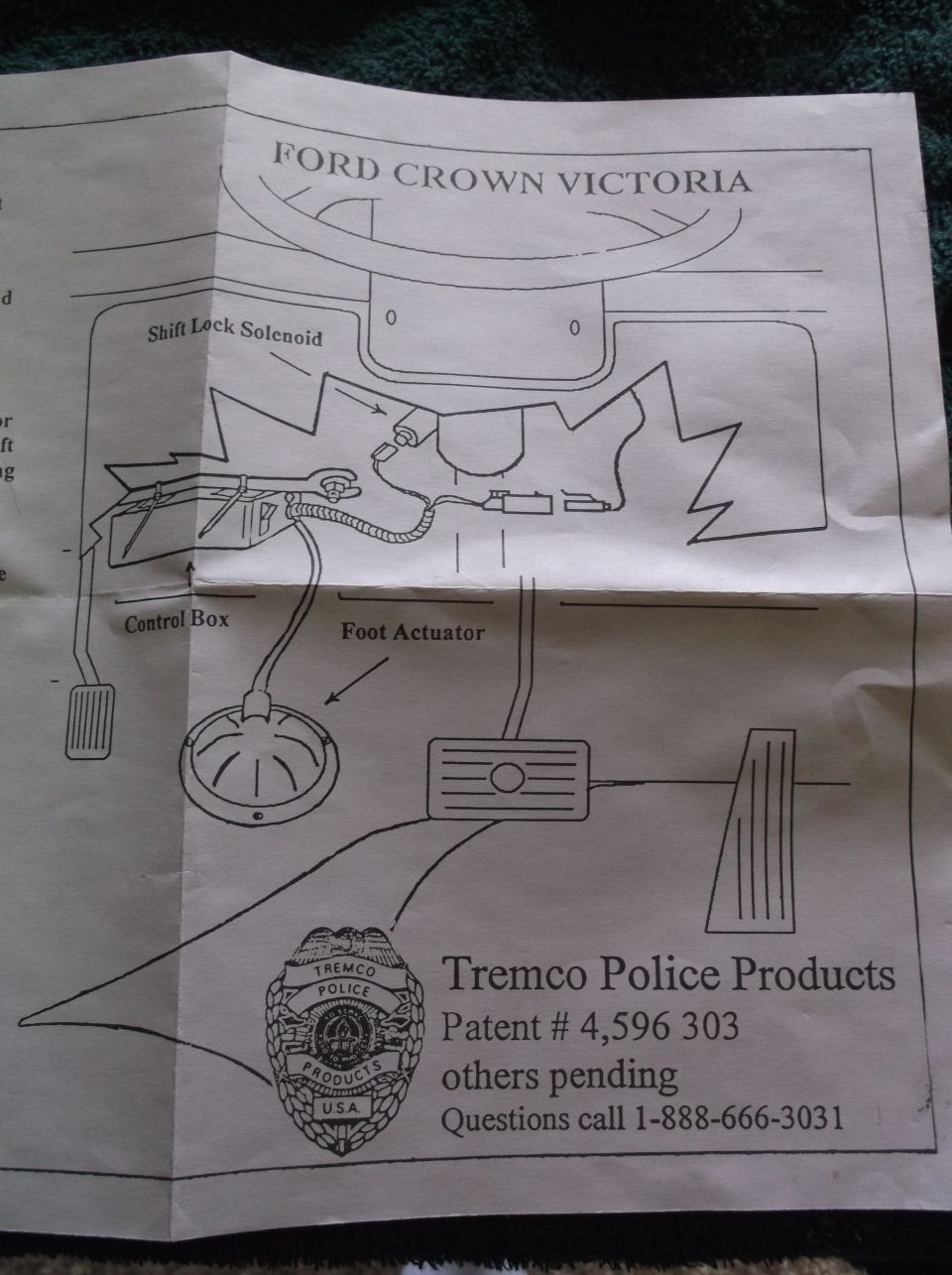 Ford Crown Victoria Tremco shift lock solenoid, control box and foot actuator installation diagram