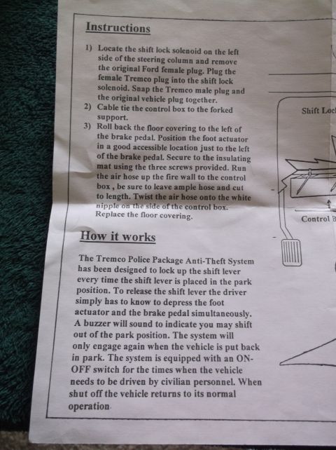 1999 Mercury Grand Marquis - A document titled "Instructions" and "How it works" details the installation and operation of a Tremco Police Package Anti-Theft System, li…