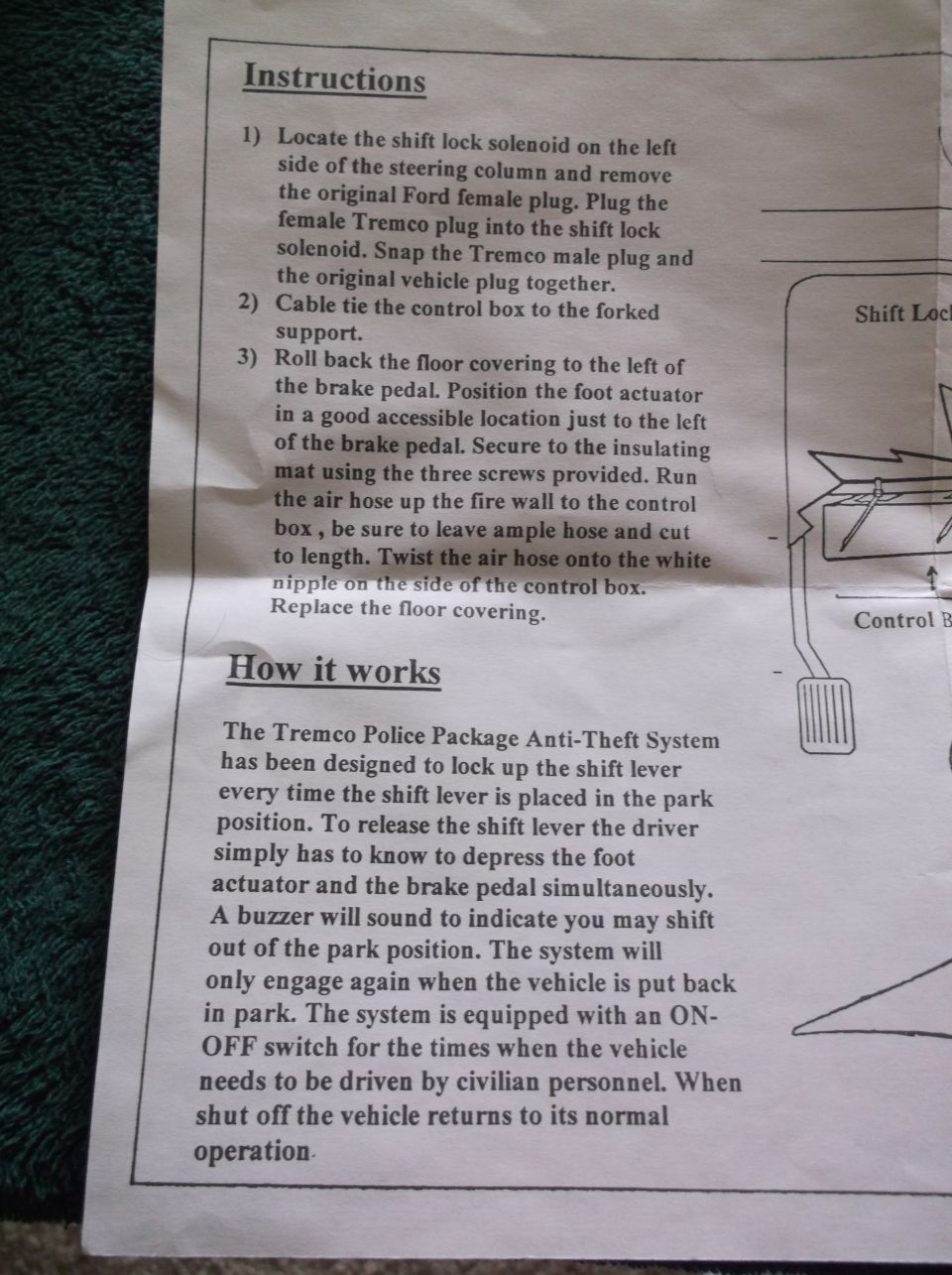 Tremco Police Package Anti-Theft System installation instructions and how it works sheet