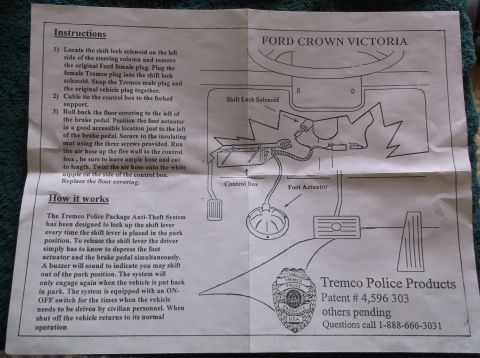 1999 Mercury Grand Marquis - This is a close-up of a document detailing the installation instructions and operation of a Tremco Police Package Anti-Theft System for a F…