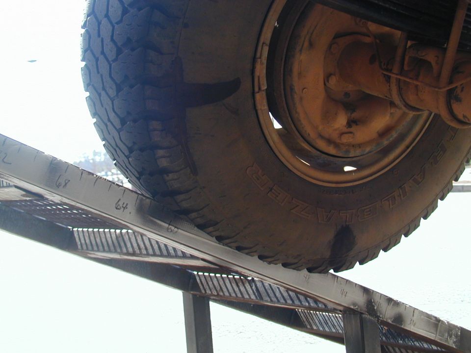 Close-up of a tire on a ramp with measurement markings