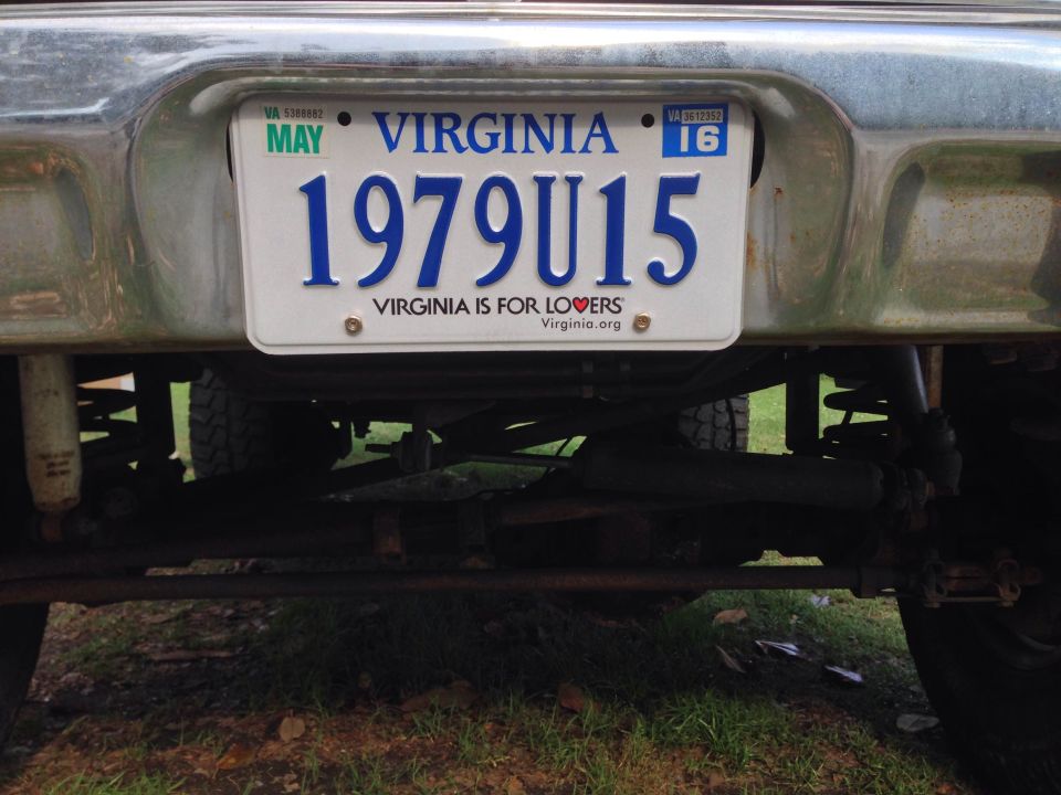 Virginia license plate 1979U15 on a vehicle bumper