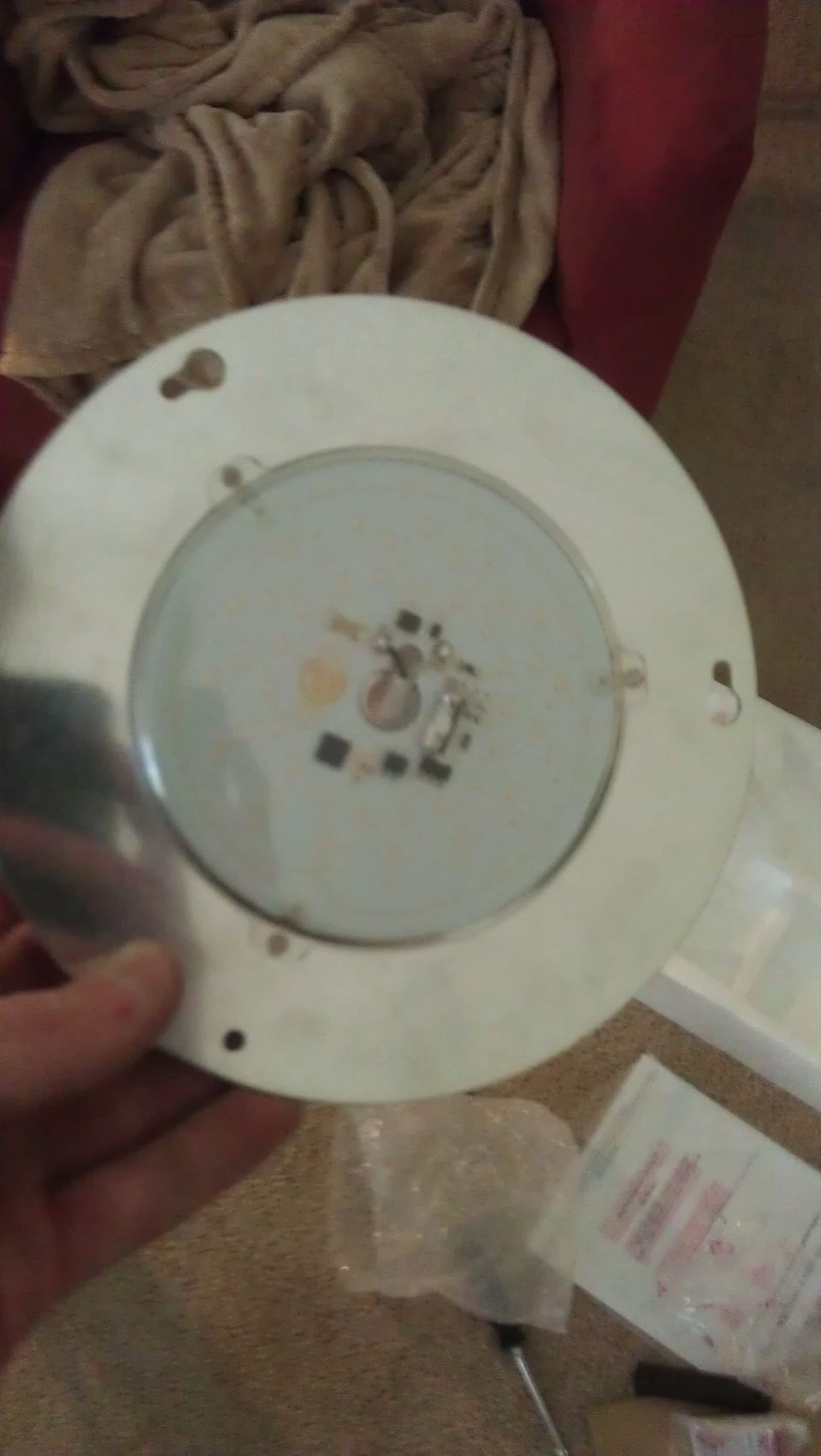 Close-up of a light fixture with visible LEDs