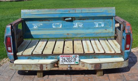 1994 Ford Bronco - This is a bench made from a Ford truck tailgate, wooden slats and a license plate.